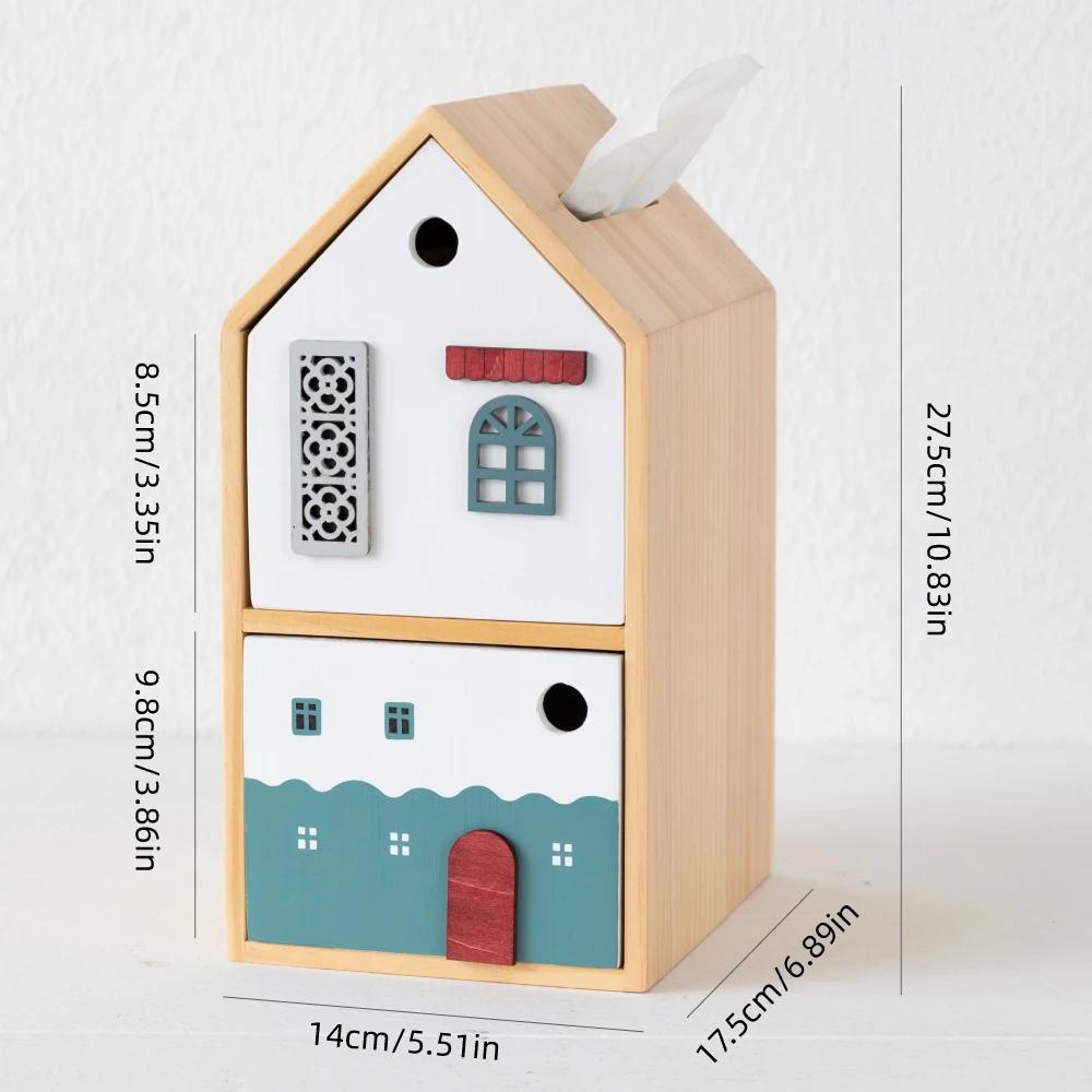 Nordic House-Shaped Wooden Double Layer Tissue Storage Box Multi-functional Drawer Storage Box Home Office Desktop Organiser