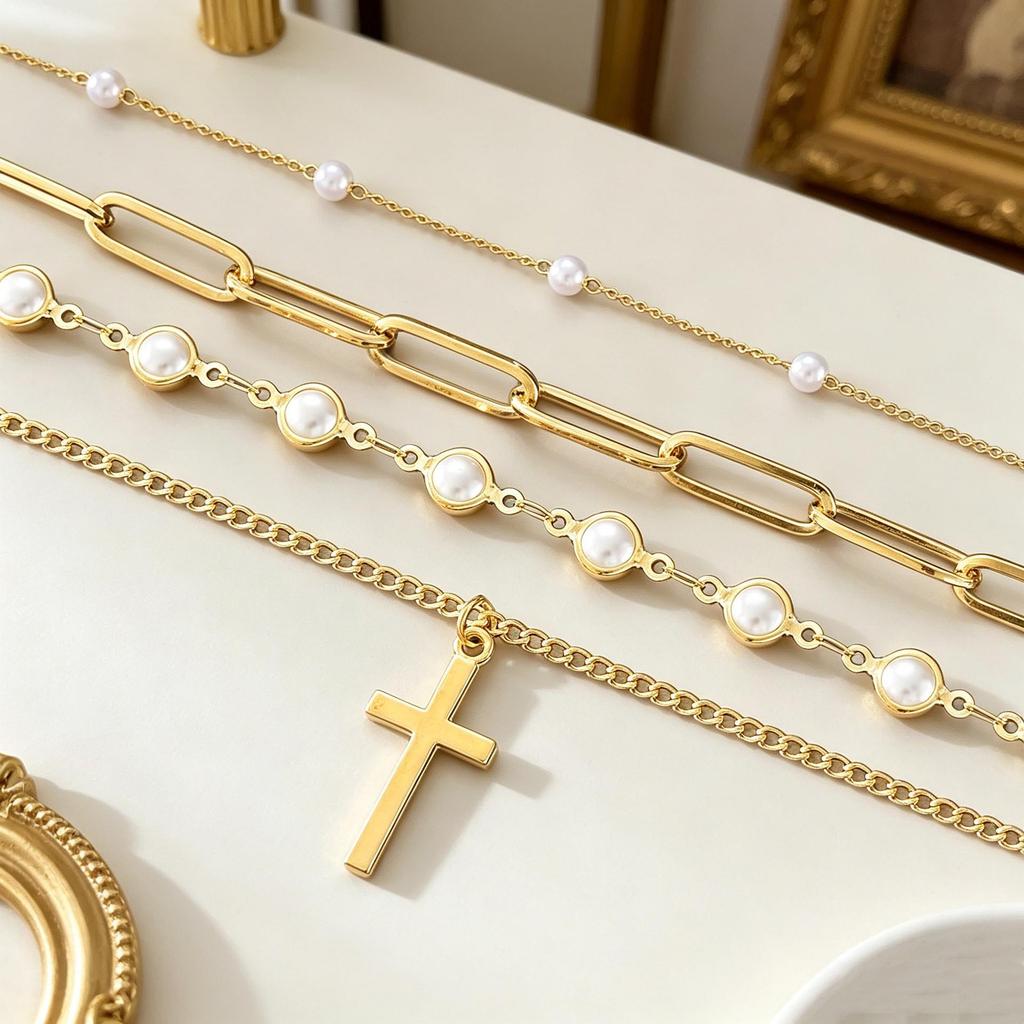 European & American Fashion Layered Pearl Cross Necklace - Luxurious, Versatile, Four-Layer Design
