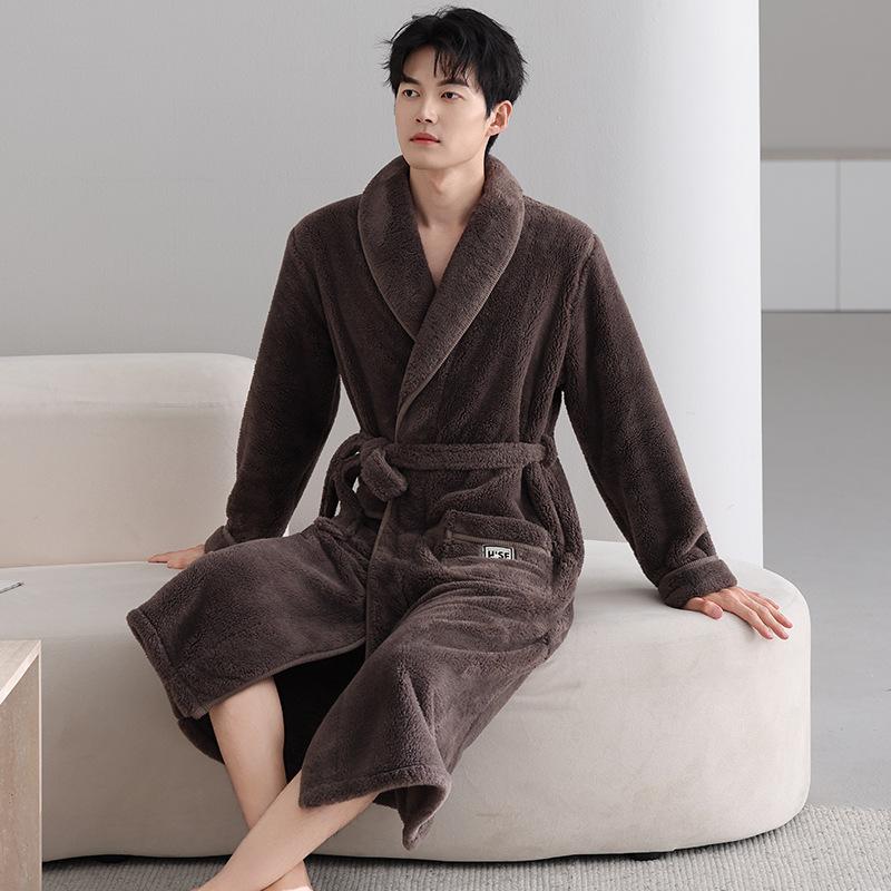

Autumn And Winter Men S Nightgown Thermal Pajamas Fleece Thickened Flannel Long Bathrobes Coral Fleece Loungewear XL