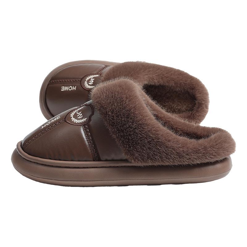 Large size men's cotton slippers winter leather waterproof home piled thickened warm middle-aged and elderly non-slip outer cotton shoes
