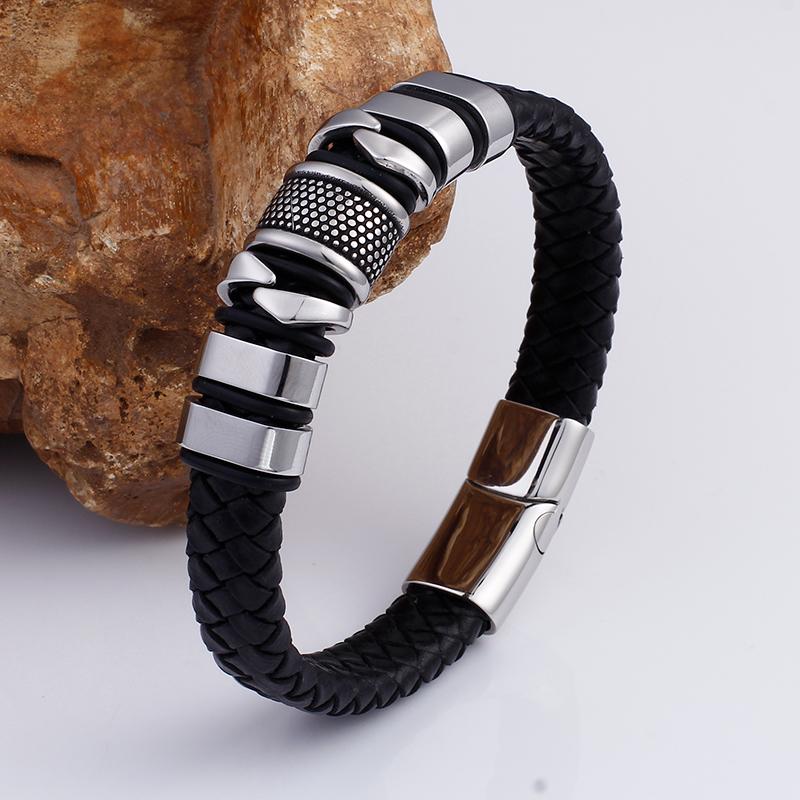 16MM Wide Stainless Steel Wrap Bracelet for Man Black Genuine Leather Men's Bracelets Bangles with Magnet Clasp Engraved Gifts