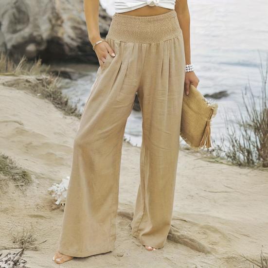 Women Pants Pleated Elastic High Waist Wide Leg Trousers with Pockets Pure Color Loose Fit Spring Casual Long Pants