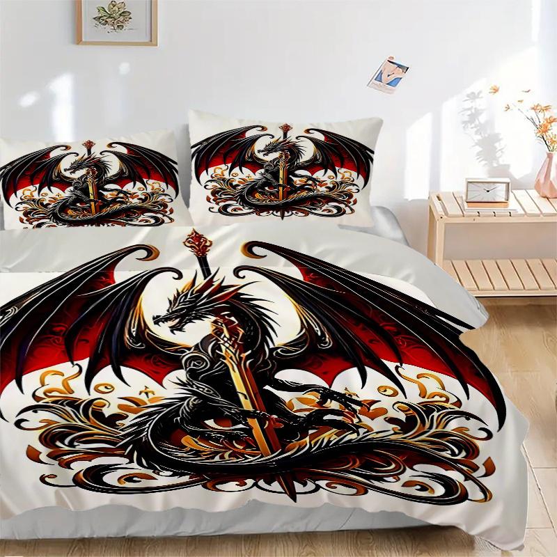 3pcs Black Dragon with Sword Print Cover Set Ultra Soft, Breathable, and Comfortable Bedding with Stylish Design for Bedroom and Guest Room Decor