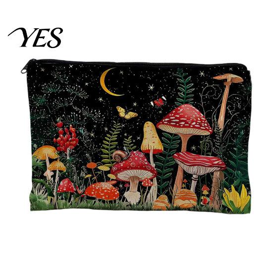Secure Zipper Storage Bag Bag, with Mushroom Star Moon Print, Lightweight Black Pouch Wear-Resistant Cosmetic for Menstrual Supplies Coin Keys