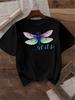Black Short Sleeve Crew Neck T-Shirt with Dragonfly Print & 'Let It Be' Phrase Breathable Casual Sum