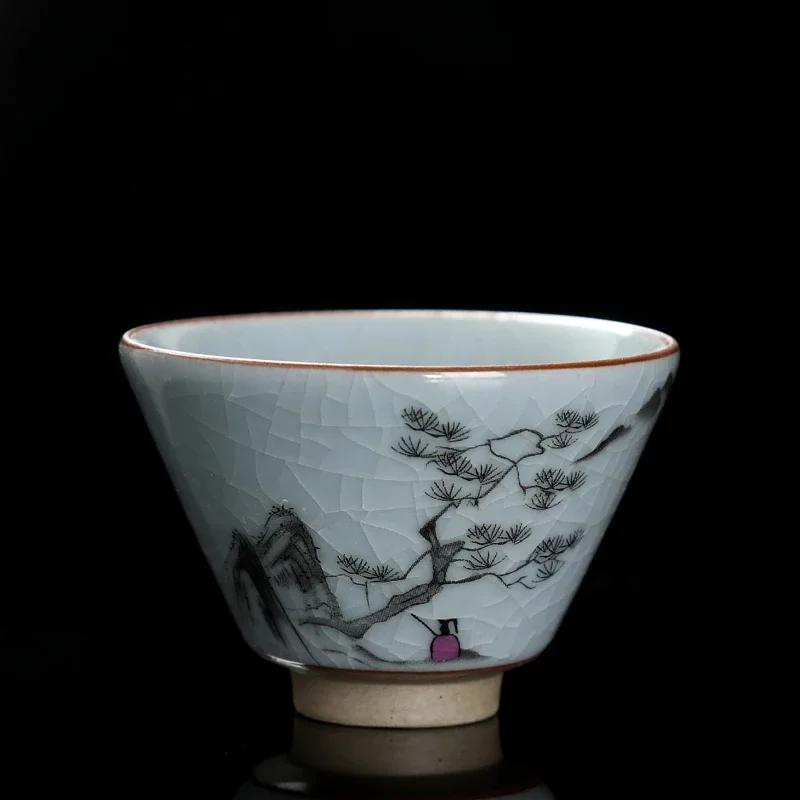 

55ml Traditional Ru Kiln Ceramic Teacup Handmade Flowers Pattern Tea Cup Travel Tea Bowl Meditation Cup Chinese Teaware 6.5X4.8CM 55ML