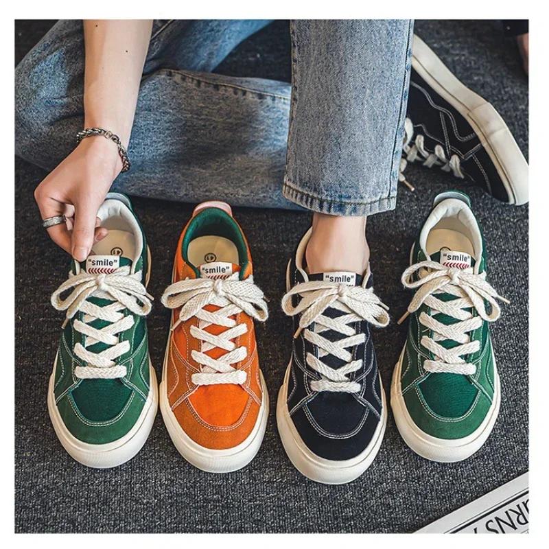 Male Canvas Shoes Patchwork Men's Sneakers Korean Style Comfortable Platform Shoes Men's Breathable Lace-Up Vulcanized Shoes