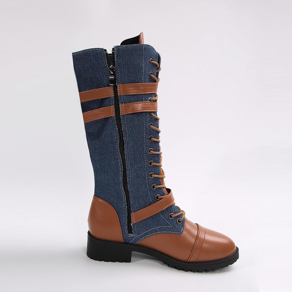 Chunky Harness Combat Boots for Women,Wide Calf Round Toe Lace Up Leather Mid Heel Boots for Fall