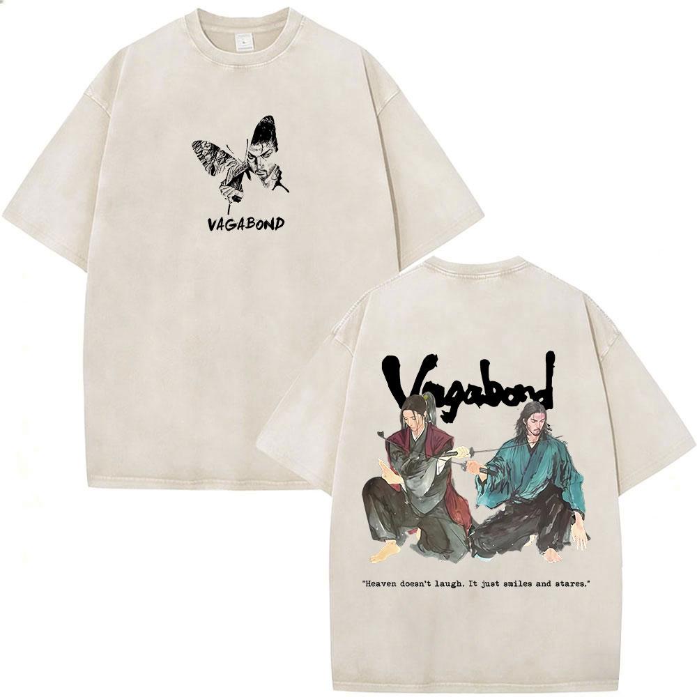 Anime Vagabond Miyamoto Musashi Vintage Washed Tshirts Men Women Clothing Fashion Casual Short Sleeve Oversized ONeck T Shirts