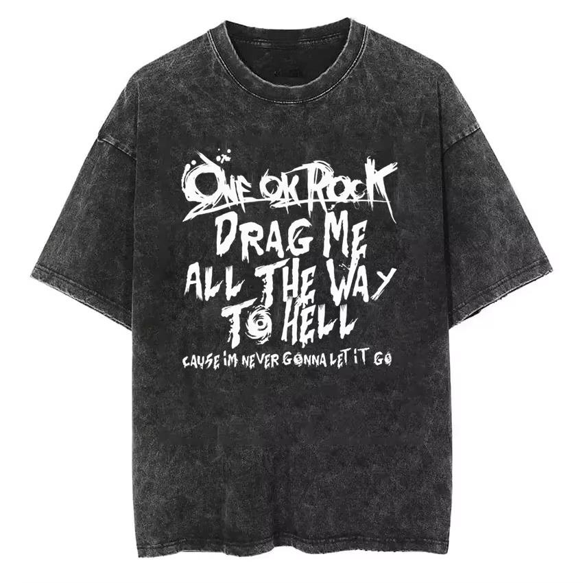 Vintage One Ok Rock Tour Tengkorak Washed Tshirts Men's Women Tee Cotton Summer Oversized Hip Hop Harajuku Tops
