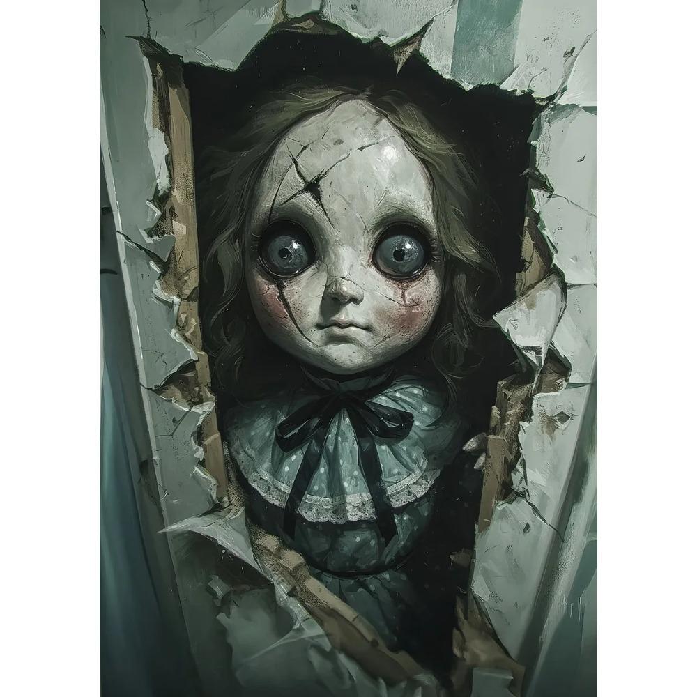 Vintage Gruselige Puppe Poster Blondes Haar Rissiges Gesicht Gotische Verfluchte Puppe Drucke Leinwandbild Wandbild Heim Wohnzimmer Dekor