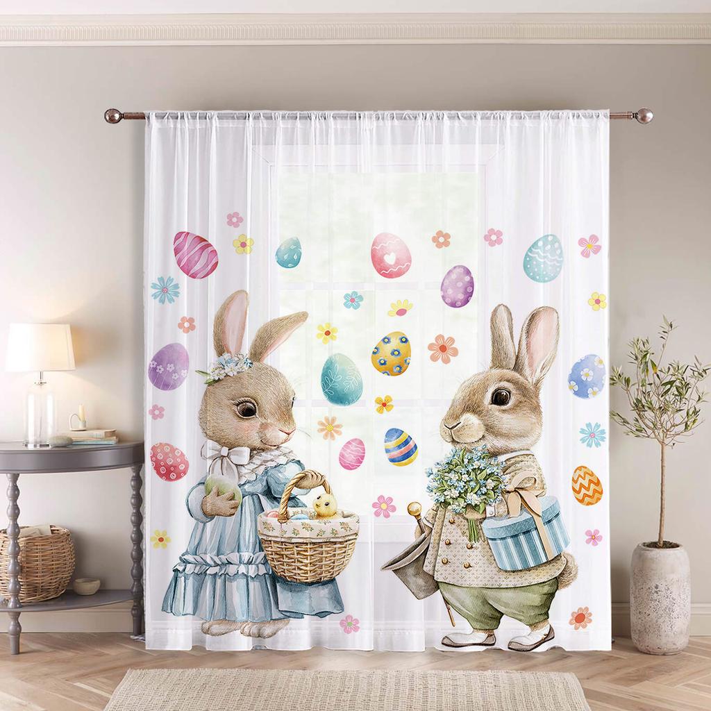 Single Panel Easter Bunny Curtain Rabbit Egg Pattern Pole Window Spring Kids Room Decor Sheer Polyester