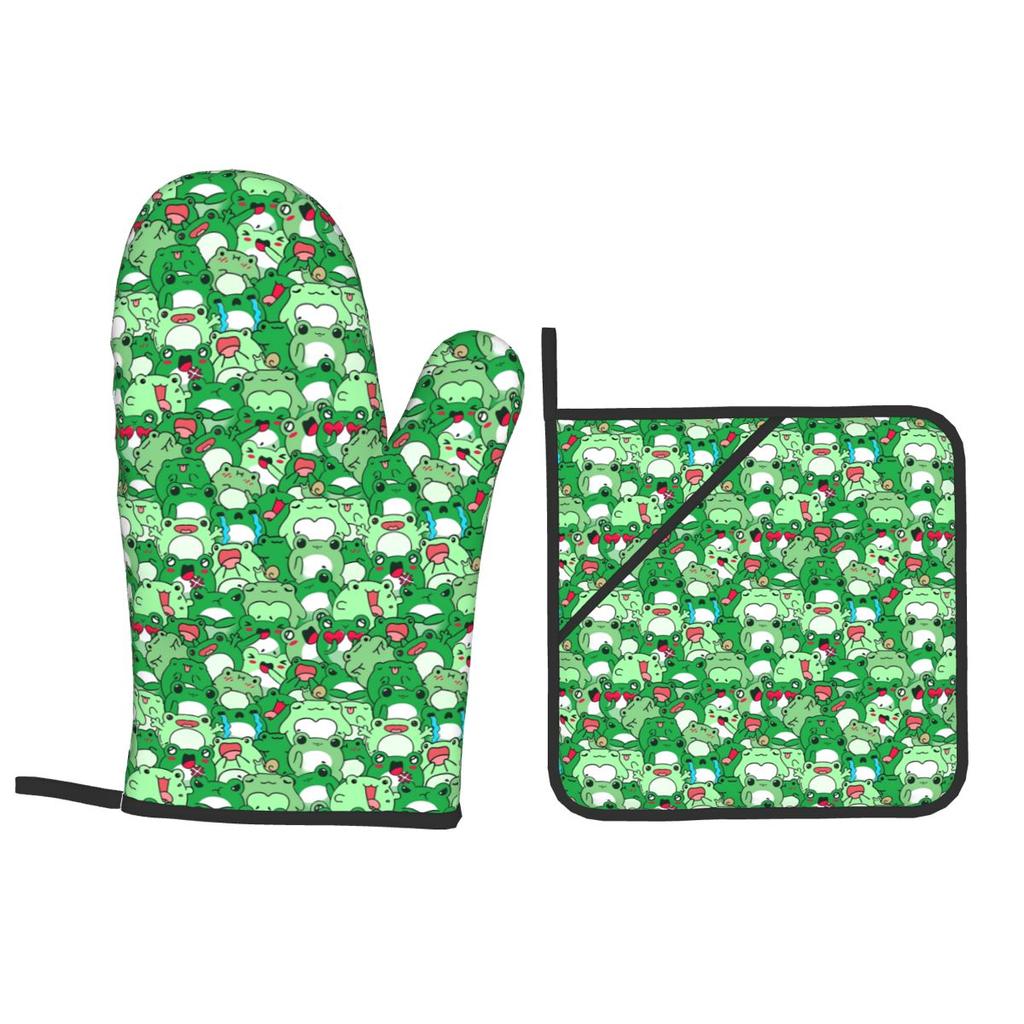 Crowded Cute Frog Pattern Oven Mitts and Pot Holder Sets of 2 for Baking Kitchen Cooking Grilling Resistant Non-Slip Gloves