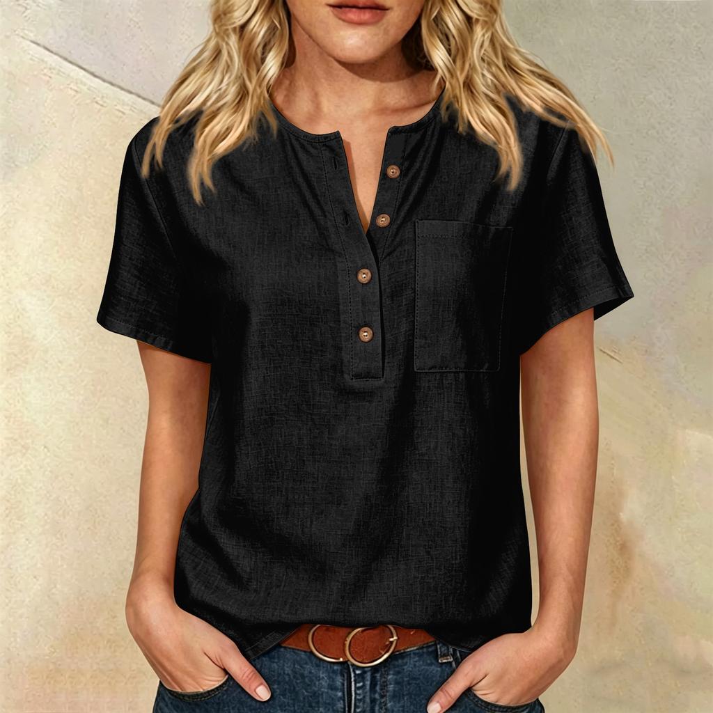 Women Henley Button Neck Short Sleeve Cotton Linen Shirt with Chest Pocket Relaxed Fit Casual Top for Everyday Wear