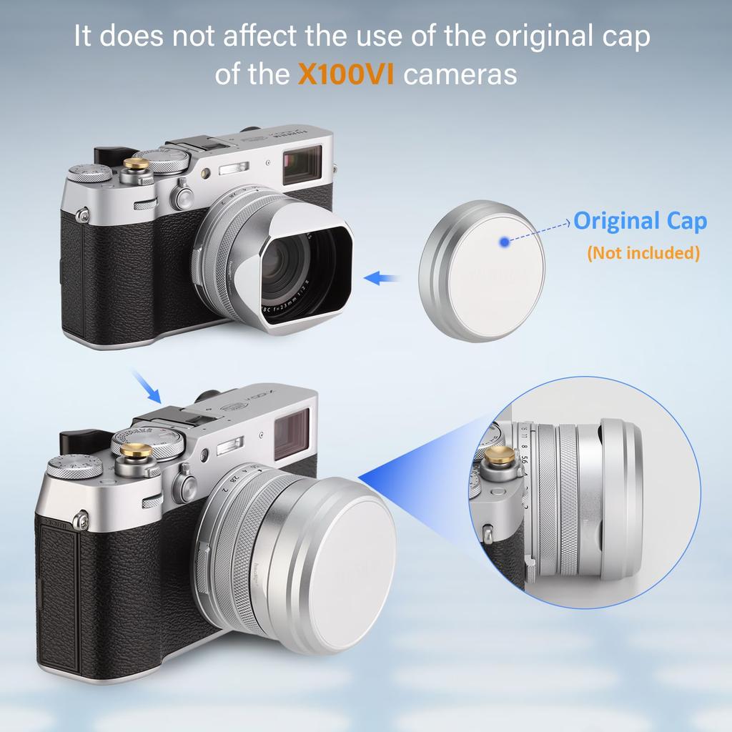 Haoge LH-X54W Square Metal Lens Hood with 49mm Adapter Ring for Fuji X100VI, Silver