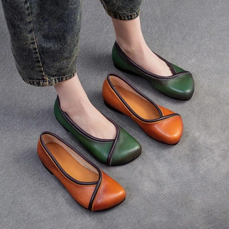 Johnature Eenfargede flate sko med firkantet tå, fritidsloafers med god komfort, slip-on-sko i ekte skinn for kvinner