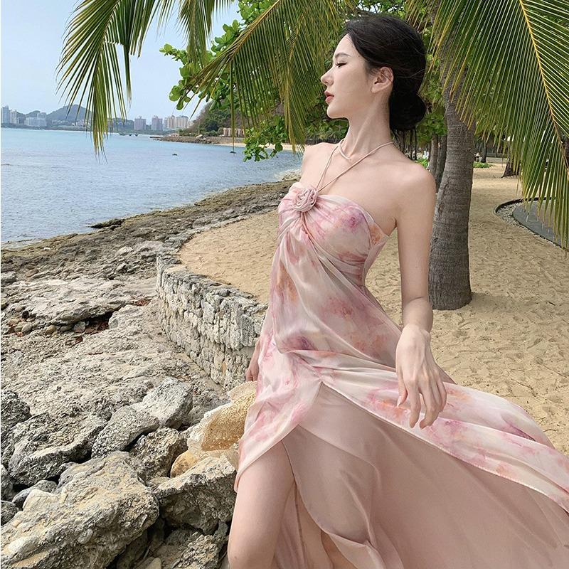 French Floral Neck Fairy Vacation Dress Sexy Backless Seaside Beach Photo Long Dress Woman
