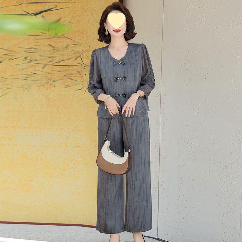 Elegantes zweiteiliges Set für Frühling und Herbst: Modisches Oberteil und Hemd im chinesischen Stil für Frauen mittleren und höheren Alters