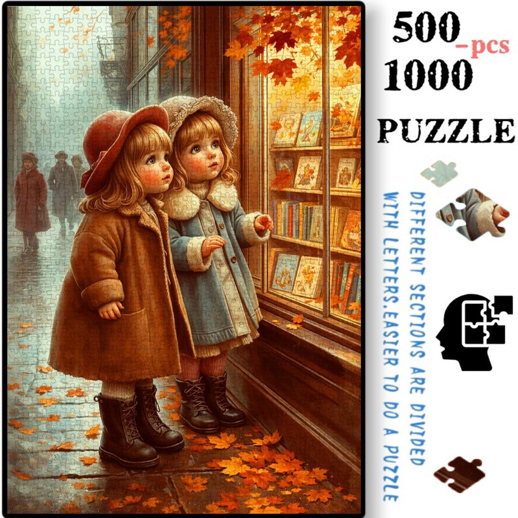 500pcs-1000pcs Handmade Jigsaw Puzzle Suitable for &, Two Little Girls Autumn Window Scene, Portable Paper Puzzle Pieces, Challenging Picture Book Act
