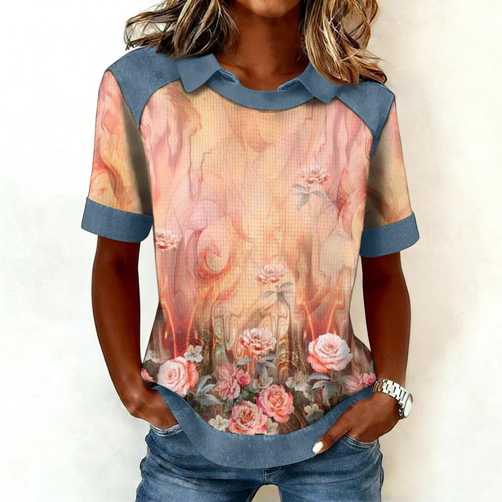 Women's Fashion Collar Cowboy Splicing Sweatshirt Casual Printed Hoodie Short Sleeve Shirt Top