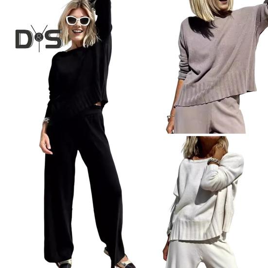 2 шт./комплект женский топ брюки костюм круглый вырез длинный рукав трикотажный — фото 12