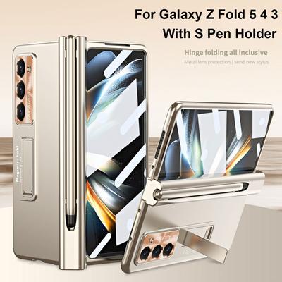 With Touch Pen For Samsung Galaxy Z Fold 6 5 4 3 Case Hinge Plating Magnetic Holder Screen Protector Tempered Film Folding Cover