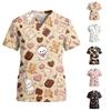 Women V Neck Short Sleeve Work Top with Pockets Print Lightweight Comfortable Loose Fit Uniform Shirt