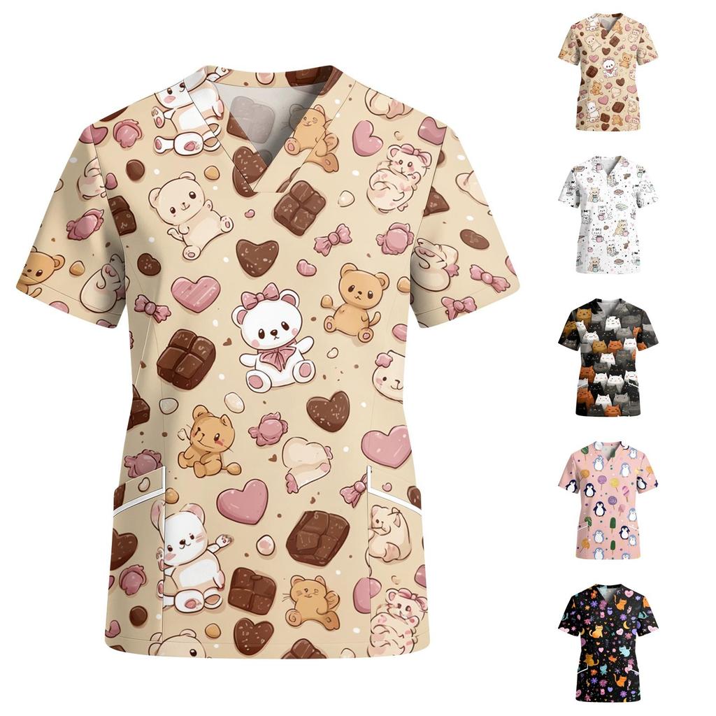 Women's V-Neck Short Sleeve Scrub Top with Pockets, Print Work Shirt, Lightweight Uniform Tunic for