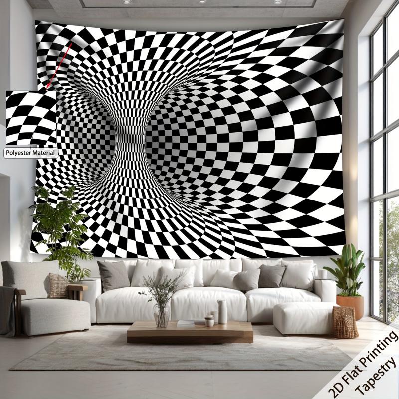 VIKAMA Optical Illusion Checkered Tapestry Black and White Geometric 3D Art Living Room Sofa Accent Wall Bedroom Decor