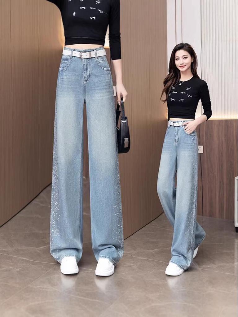 Women's Spring 2026 High-Waisted Loose Wide-Leg Jeans with Side Rhinestones
