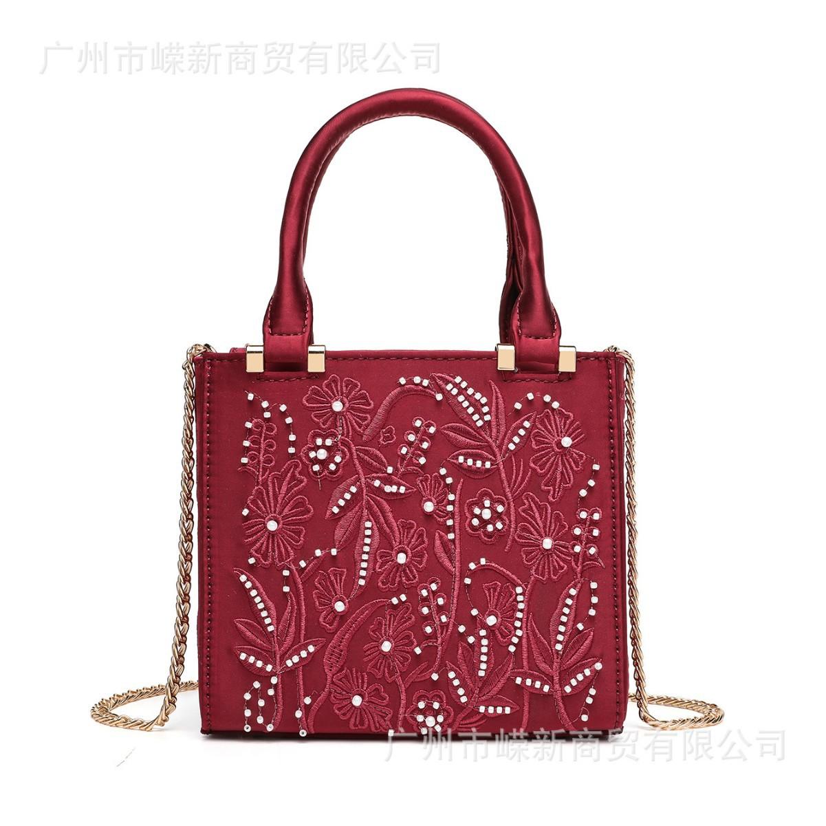 Z Women S Bag Pearl Embroidery Fashion Silk Satin Texture Handbag Banquet Bag Chain Bag Shoulder Bag бордовый