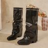 Long Boots Autumn New Sleeve Rhinestone Metal Buckle Soft Sole Non-Slip Trouser Bottom Block Heel Shoes