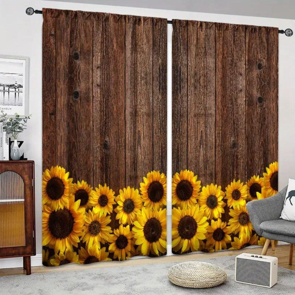 1pc Wooden Sunflower Curtains Semi-shading Grommet Top Curtains For Bedroom Living Room Office Home Decor