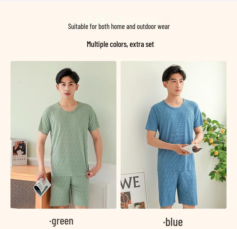 Men's Ice Silk Short Sleeve Pajama Set with Round Neck, Ribbed Shorts, and Versatile T-shirt for Indoors and Outdoors