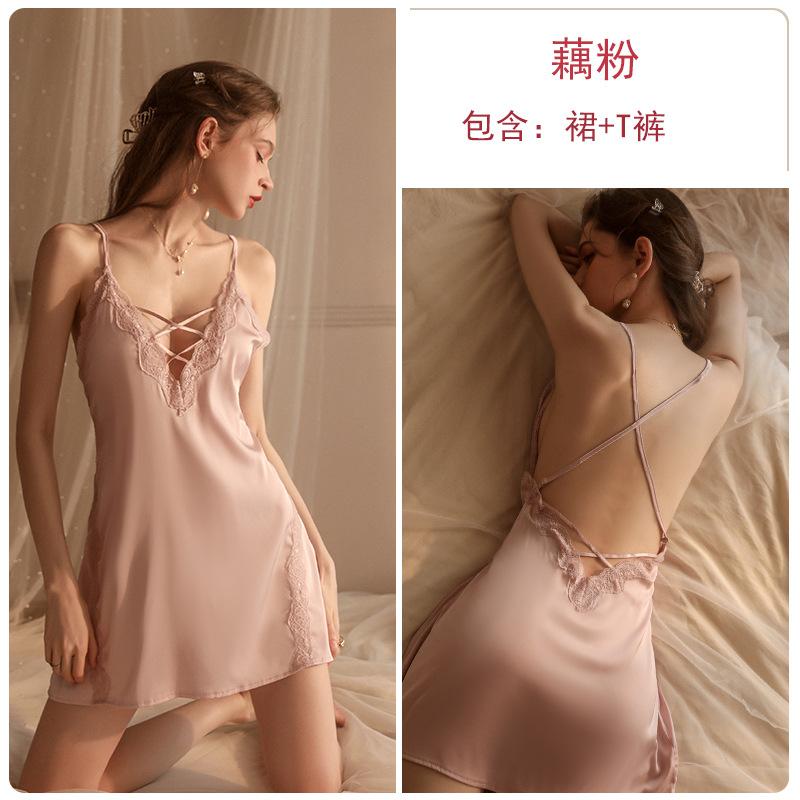 Women's Solid Satin Lace V Neck Backless Cami Sleep Dress for Fall Winter