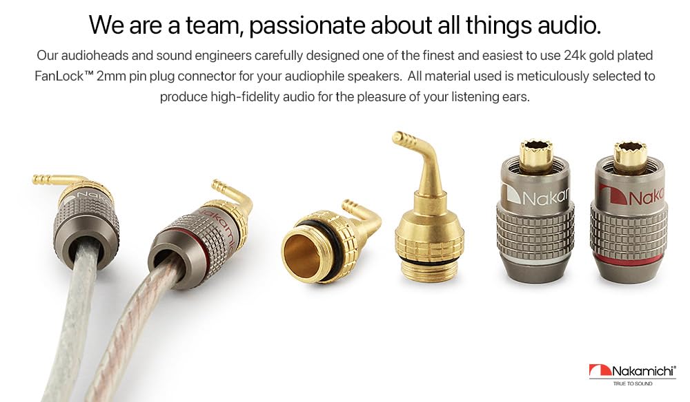 Nakamichi FanLock Excel Series 24k Gold Plated 2mm Pin Plug Banana Spring Clip 10 AWG 18 AWG Gauge Size 4mm for Speaker Amplifier Stereo Home Theater