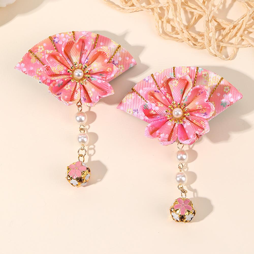 2Pcs Japanese Fan Hair Clip Sakura Ribbon Barrette Pearl Dangle Hairpin For Girls Women Children Headdress Headwear Accessories