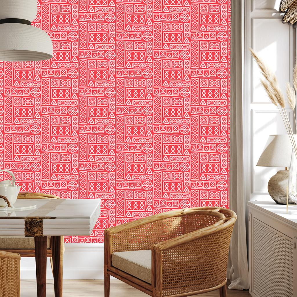 Polynesian Geometric Pattern Wallpaper Coral and Red 50x1000