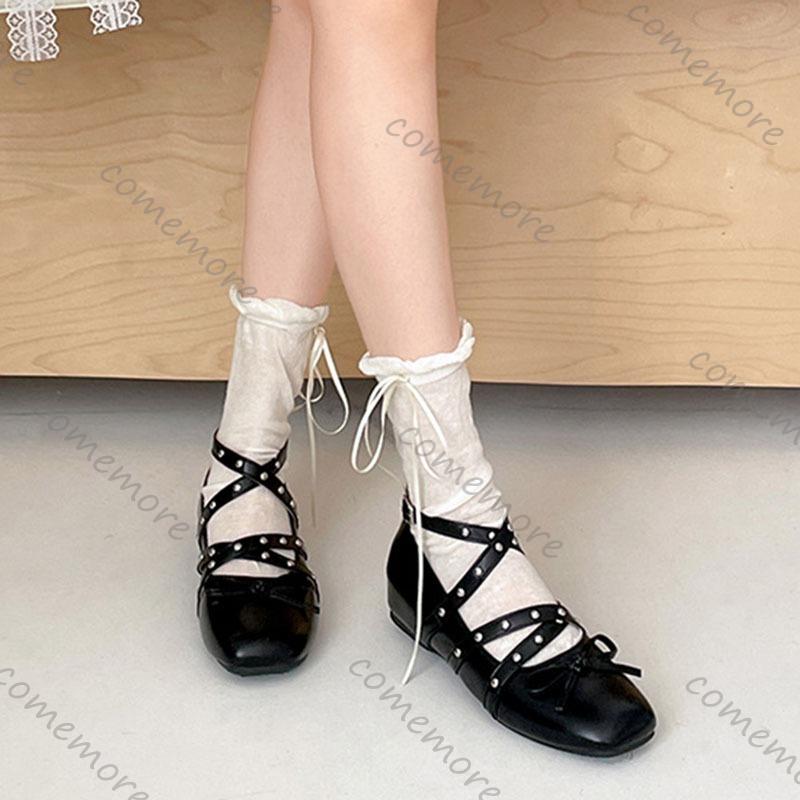 Comemore French Retro Shallow Mouth Mary Jane Shoes for Women Inner Heighten Square Head Single Shoes Cross Belt Solid Flats