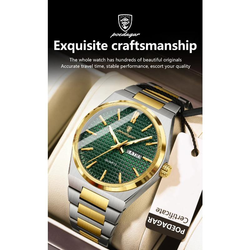 POEDAGAR Luxe Herenhorloge Datum Week Waterdicht Lichtgevend Roestvrij Staal Horloge voor Man Casual Kwarts Horloges Mannelijk Sport+Doos