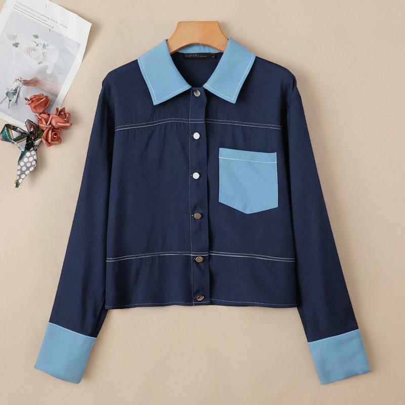 ZANZEA Damska bluzka casualowa z długim rękawem, patchworkowa, z kołnierzykiem