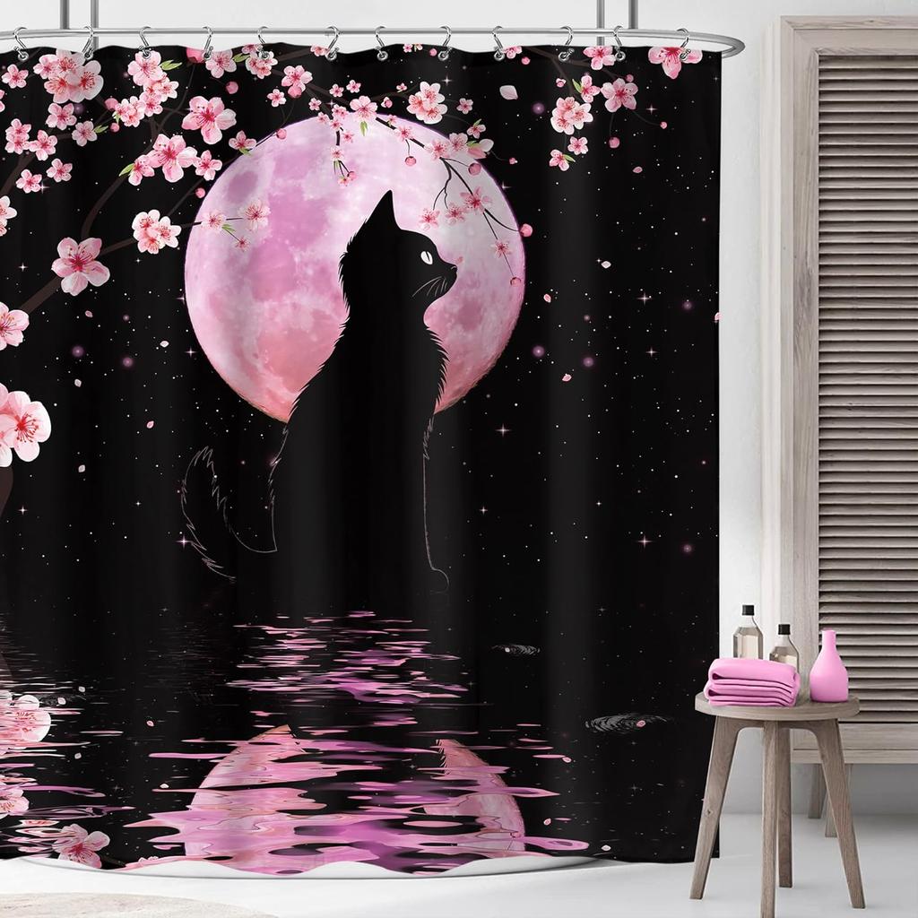 Czarny Kot Księżyc Zasłona Prysznicowa Mistyczna Noc Kwiat Wiśni Kwiatowy Gotycki Nowoczesny Estetyczny Tkanina Wodoodporny Poliester