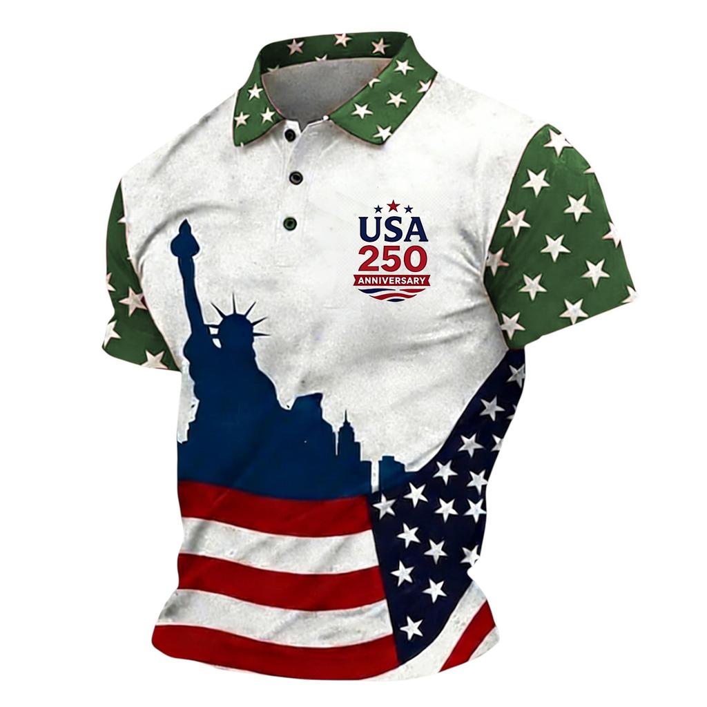 Men Short Sleeve Polo Shirt USA 250 Anniversary Print Casual Button Down Knit Top