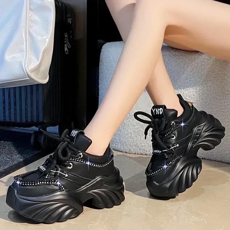 Fashion 7.5CM Fashion Women's Chunky Sneakers Black Platform Tennis Shoes for Women New Thick Bottom Breathable Leather Sports Dad Shoes