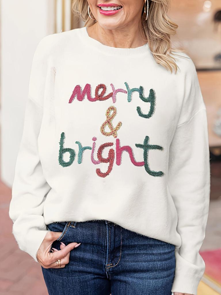 Women's Christmas Colorful Letter Print Sweater - Round Neck, Loose Fit, Casual European and American Style Pullover