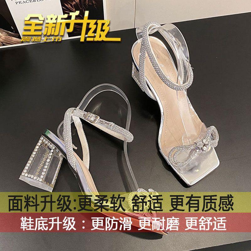 

Босоножки со стразами женские летние 2025 новые квадратные босоножки на толстом каблуке с одним словом ремешок бант на высоком каблуке в стиле феи 40