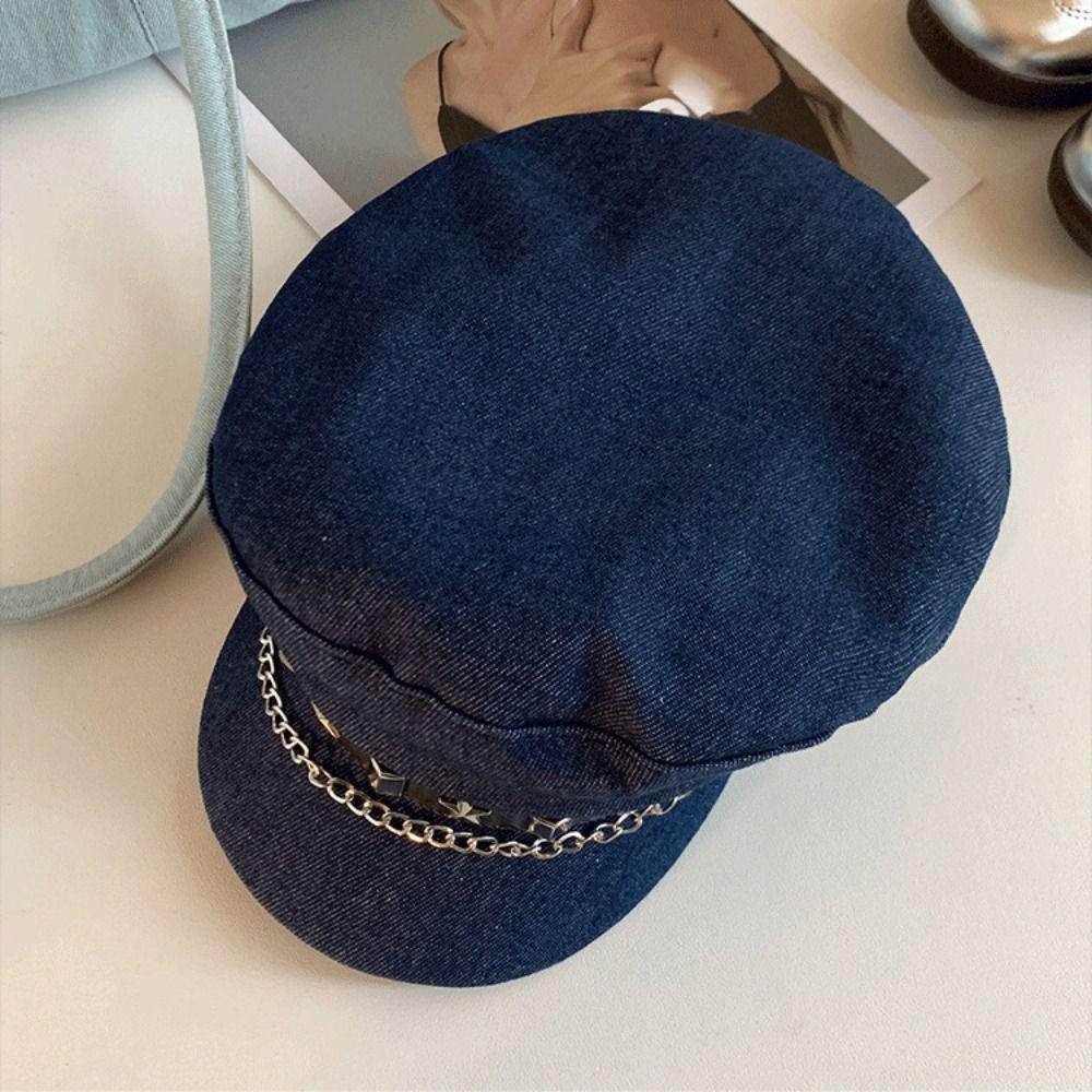 British Style Denim Octagonal Hat Korean Style Retro Painter Hat Casual Rivet Denim Beret  Girl