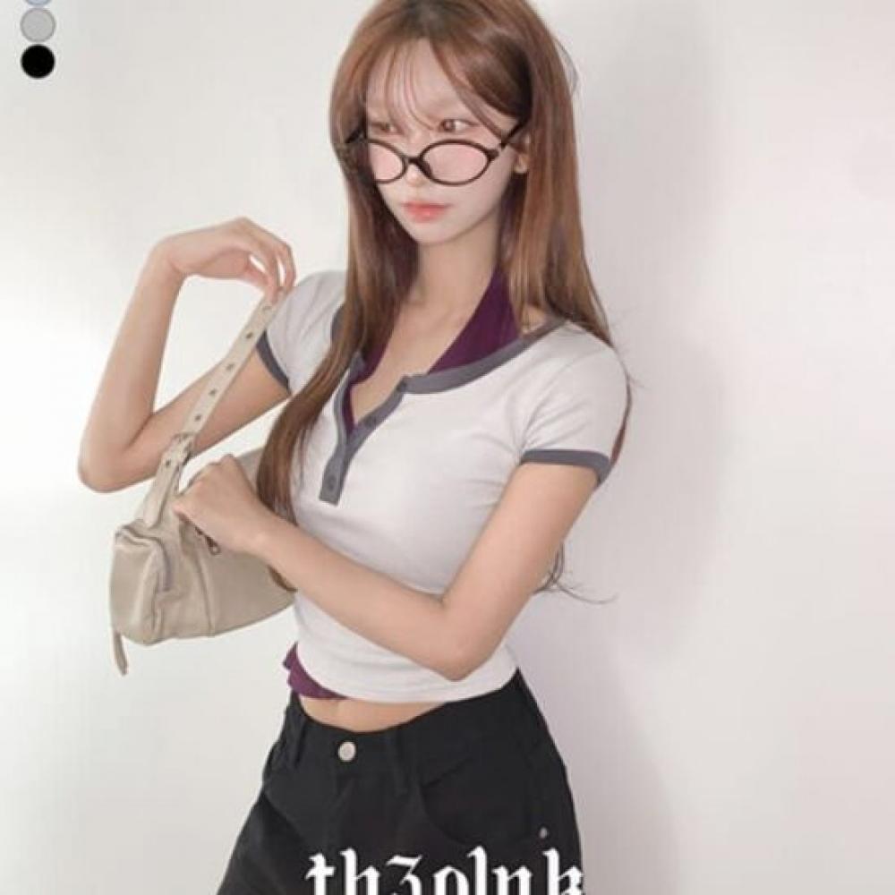 The Pink Slim FiT Color Block BUTTon Deep U Neck Ringer ShorT Sleeve T shirT 4