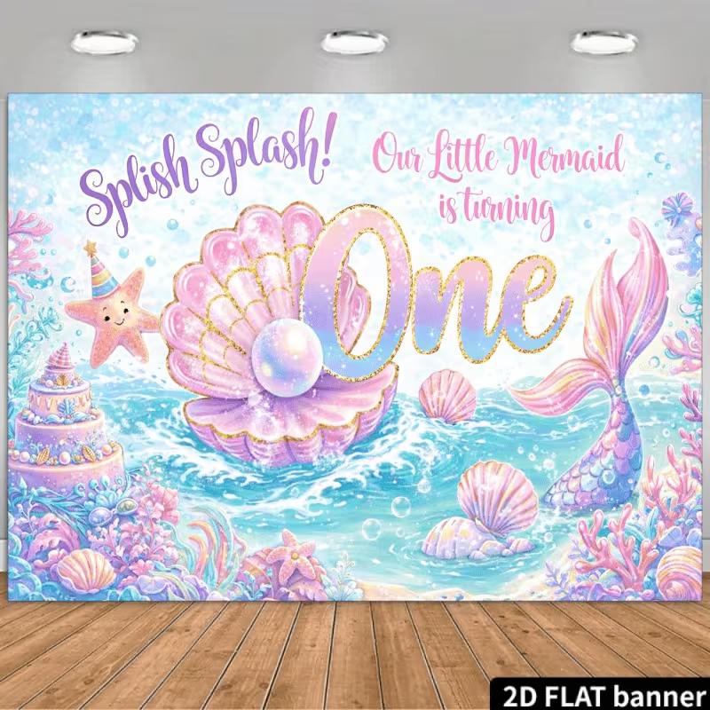 

2D Splish Splash First Birthday Backdrop, Coral & Ocean Waves Party Background 47.2x31.5inch/120*80cm