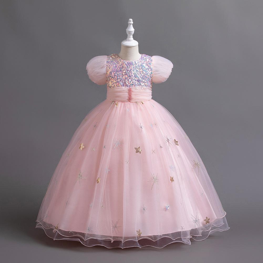 Lila Mädchen Lange Kleider Kinder Klavier Catwalk Performance Kostüme Blumenmädchen Kurzarm Prinzessin Tutu Kleider
